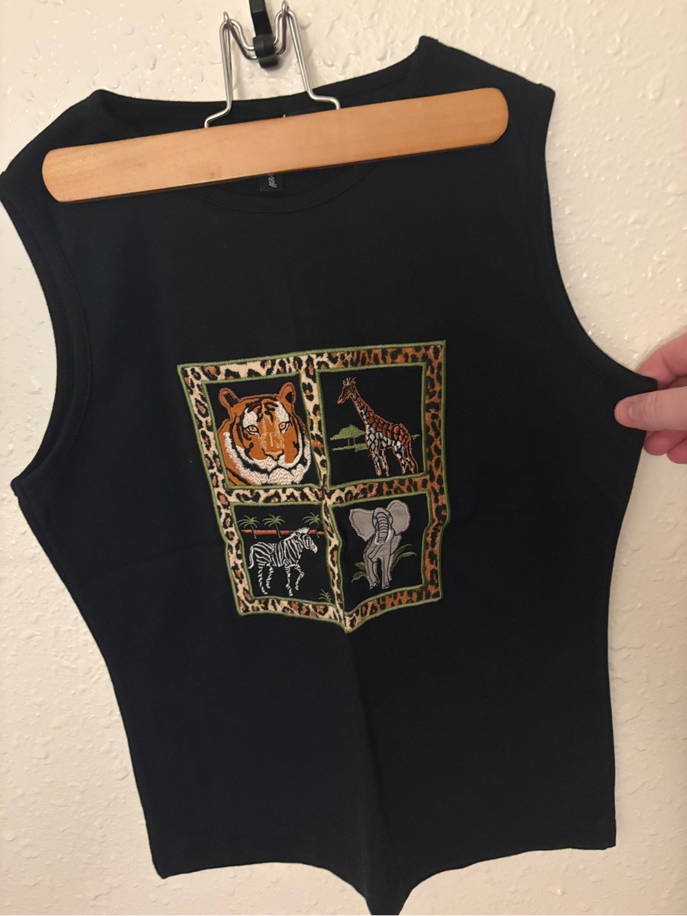 jason maxwell Black Tank Top with Embroidered Safari Animal Panels
